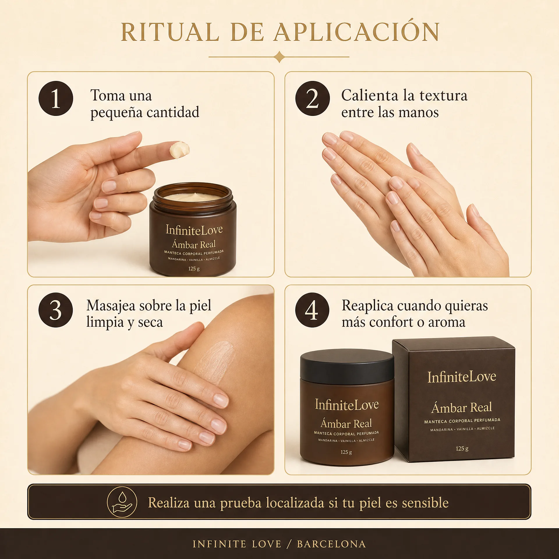 Modo de uso de InfiniteLove Ámbar Real Manteca Corporal Perfumada