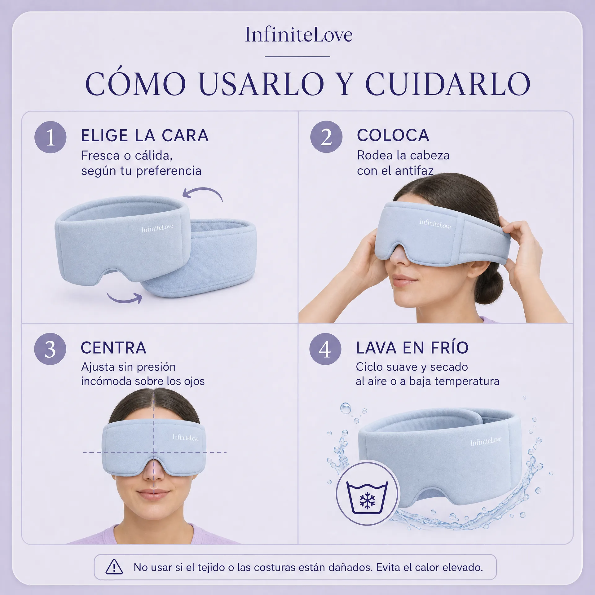 Modo de uso y cuidado de InfiniteLove Nube Nocturna en cuatro pasos