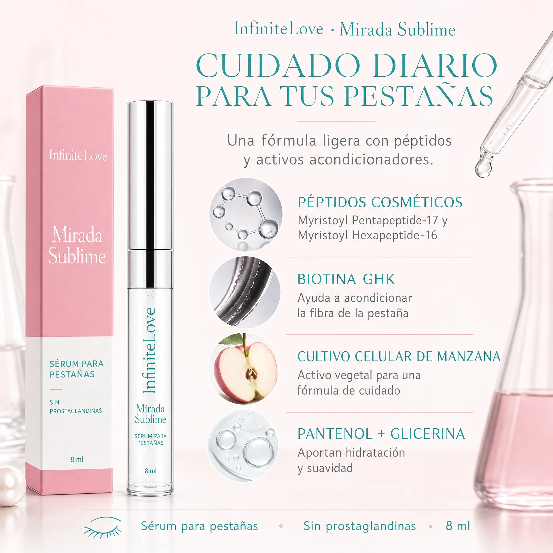 Ingredientes y mecanismo cosmético de InfiniteLove Mirada Sublime con péptidos, biotina, cultivo celular de manzana, pantenol y glicerina
