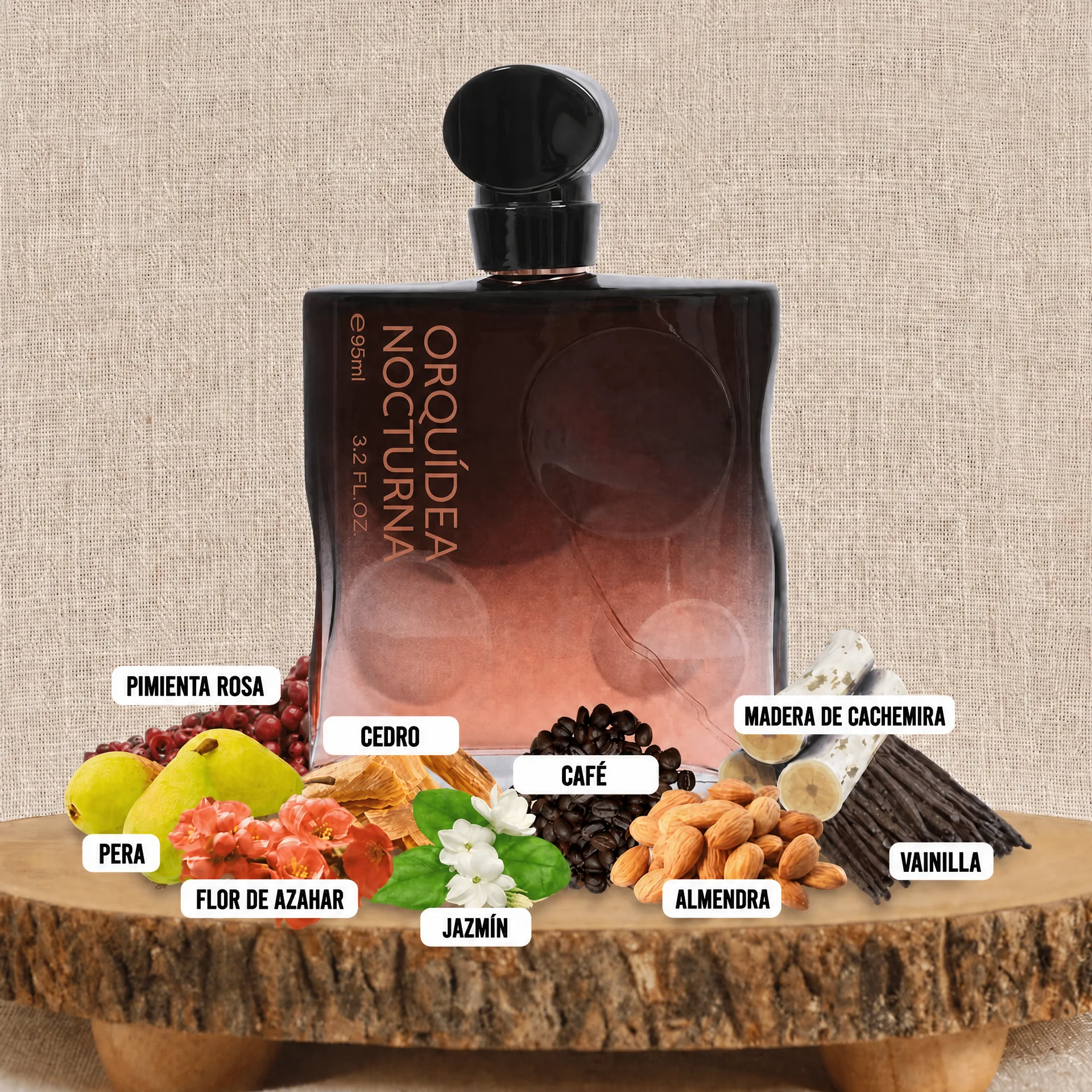 Notas olfativas de Orquídea Nocturna: pera, pimienta rosa, flor de azahar, café, jazmín, almendra, vainilla, cedro y madera de cachemira