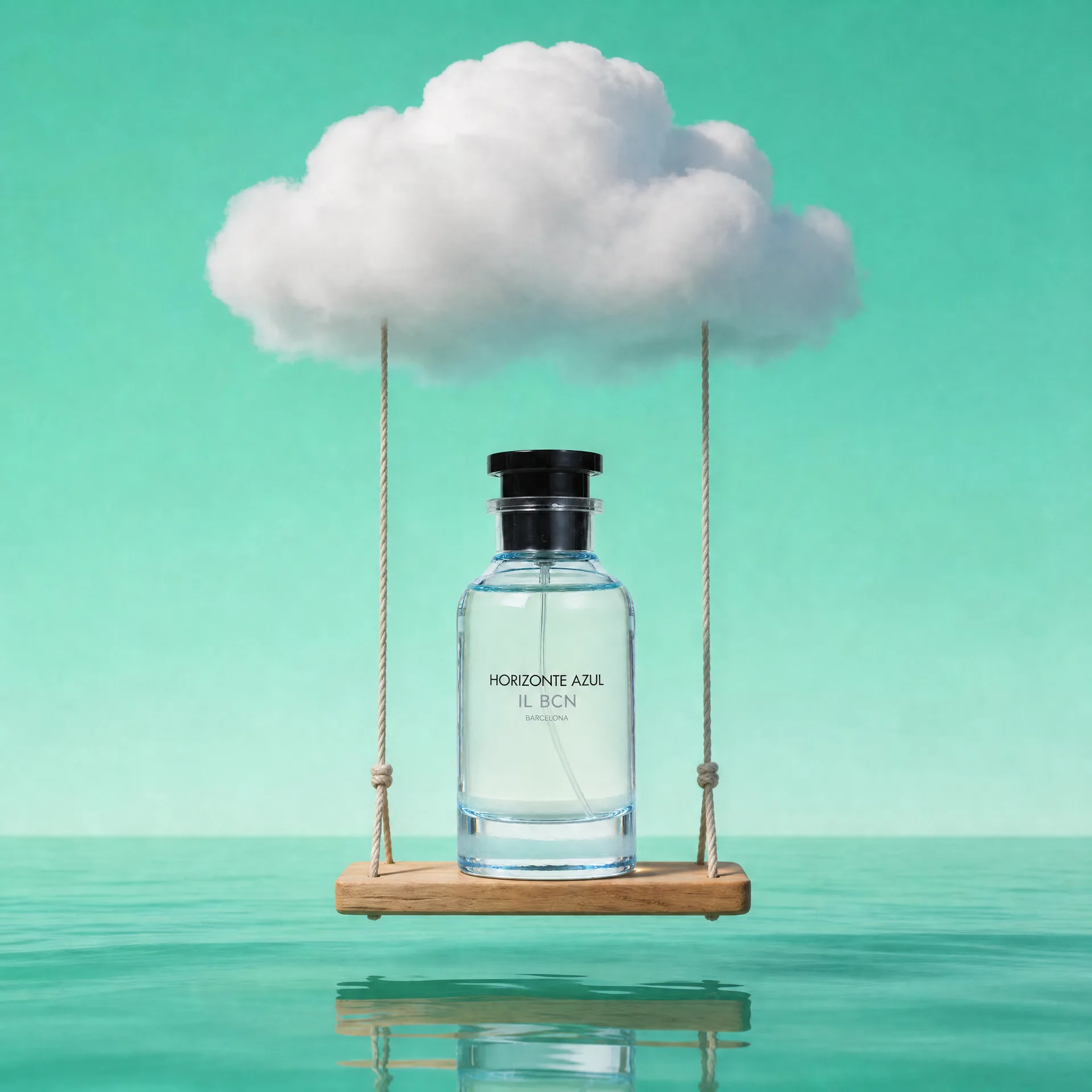 Horizonte Azul de IL BCN en columpio con nube y fondo turquesa