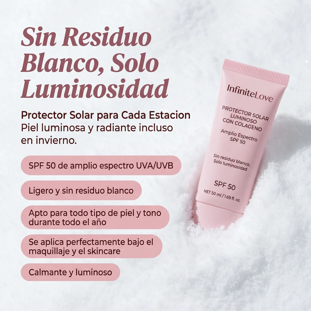 Protector Solar Glow con Colágeno SPF50 – Hidratación y Brillo Natural sin Residuo Blanco