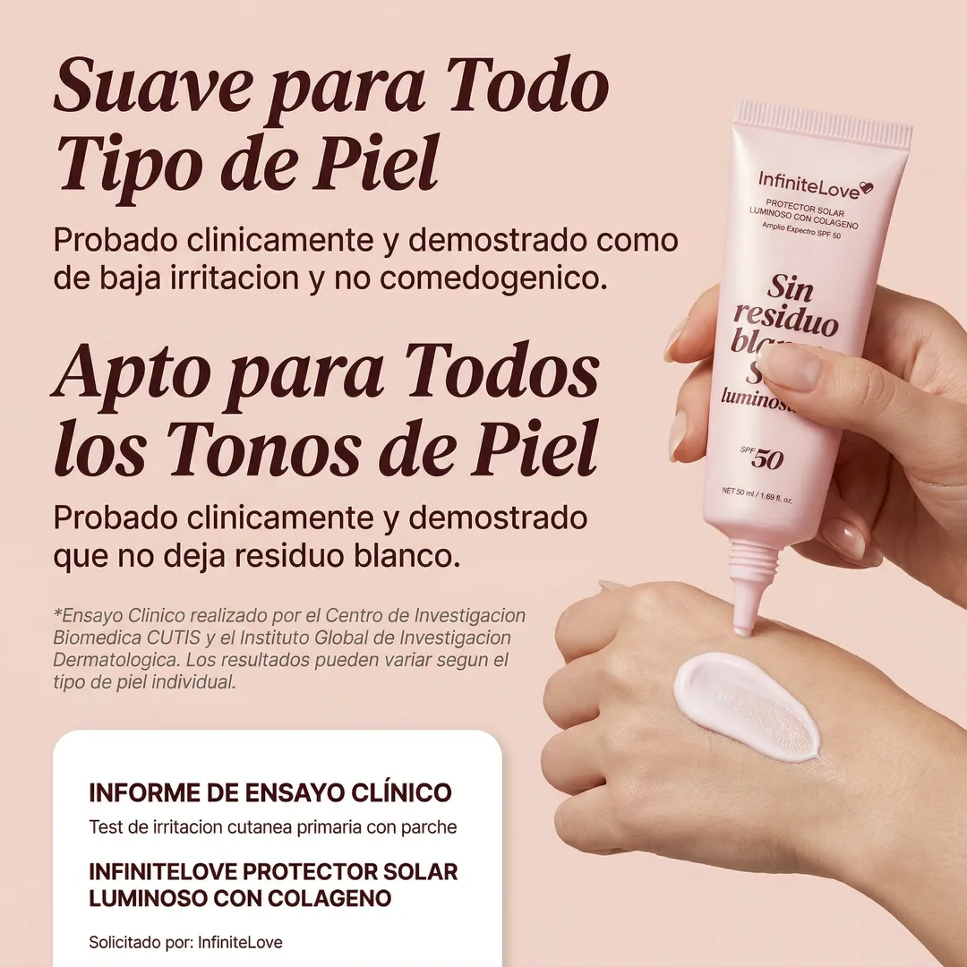 Protector Solar Glow con Colágeno SPF50 – Hidratación y Brillo Natural sin Residuo Blanco