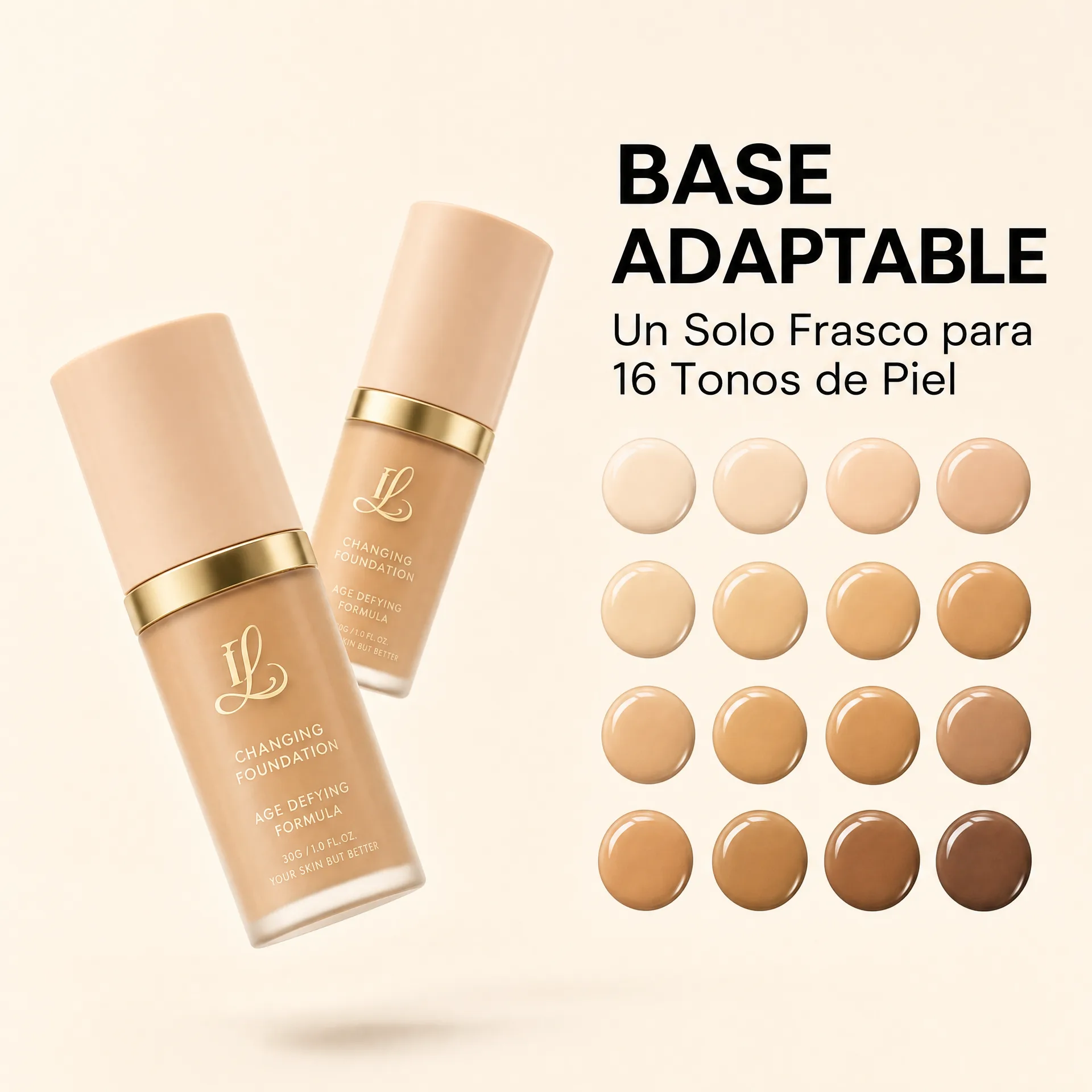 InfiniteGlow Base Adaptable mostrada sobre dieciséis tonos de piel
