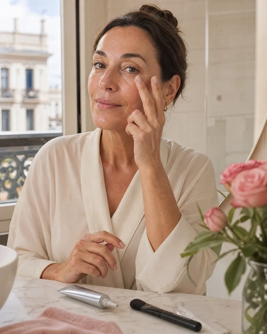 Mujer madura aplicando suavemente el gel en el contorno de ojos