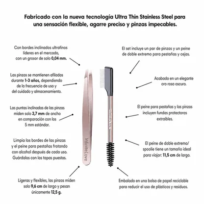 Set de Retoque para Cejas y Pestañas Pinzas de Precisión Acero Inoxidable Peine Doble Separador Oro Rosa